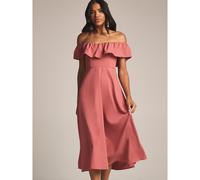 Abito midi a balze con spalle scoperte, linea ad A, fluido, adatto come abito da ospite per matrimoni, effetto lino L,M,S,XL,XS,XXL,XXS,XXXL,XXXXLColore unicoTessuto intrecciato