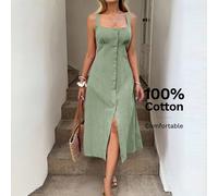 Abito midi a-line con scollo quadrato, coppe del busto arricciate, spacco alto, laccio posteriore e vita stretta, casual resort elegante streetwear per donne, realizzato in cotone L,M,S,XL,XSTessuto i