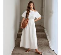 Abito midi a-line con vita stretta e spalle scoperte, adatto per l'ufficio intellettuale, come abito da ospite per matrimoni bianchi, primavera/estate L,M,S,XLColore unicoTessuto intrecciato