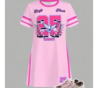 Abito midi a maniche corte rosa da ragazza pre-adolescente, stile minimale grafico a 25 motivi, stile sportivo chic, adatto per la collezione di abbigliamento estivo fresco 8Y,9Y,10Y,11Y,12YA strisceT