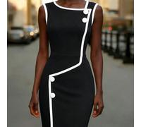 Abito midi aderente con scollo rotondo senza maniche, a righe irregolari in contrasto bianco e nero, con cintura in vita, elegante, romantico, casual, adatto per tutti i giorni, lavoro, cena, primaver
