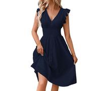 Abito midi alla moda con scollo a V, vita impero, pizzo con occhielli e maniche a volant, estate 2025, Blu mare, M