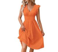 Abito midi alla moda con scollo a V, vita impero, pizzo con occhielli e maniche a volant, estate 2025, Colore: arancione., S