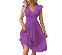 Abito midi alla moda con scollo a V, vita impero, pizzo con occhielli e maniche a volant, estate 2025, Lilla, M