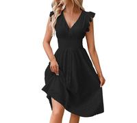 Abito midi alla moda con scollo a V, vita impero, pizzo con occhielli e maniche a volant, estate 2025, Nero , M