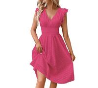 Abito midi alla moda con scollo a V, vita impero, pizzo con occhielli e maniche a volant, estate 2025, Rosa., M