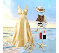 Abito midi bianco e giallo con scollo a cuore, busto annodato e gonna a trapezio, elegante abito estivo in cotone stile francese anni '70, per vacanze estive e picnic L,M,S,XLGeometrico,A strisceTessu