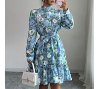 Abito midi casual a maniche lunghe con bottoni a metà, stampa casuale, adatto per uso quotidiano, stile bohémien da vacanza, stampa floreale su tutto il capo, di per l'estate, la primavera, l'autunno 