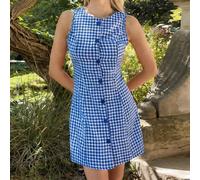 Abito midi casual con apertura frontale a quadri, adatto per il lavoro e gli spostamenti con un'atmosfera intellettuale, stile campus. Abito estivo, abito per vacanze estive, primavera, outfit primave