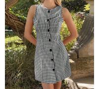 Abito midi casual con apertura frontale a quadri neri, adatto per il lavoro e gli spostamenti con un'atmosfera intellettuale, stile campus. Abito estivo, abito per vacanze estive, primavera, outfit pr