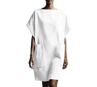 Abito midi casual con spalle scoperte con maniche sovrapposte, linea ad A, grandi tasche, scollo rotondo, perfetto per tutti i giorni, ufficio, vacanze, bianco, 3XL