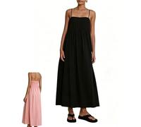 Abito Midi Casual da Donna, Tinta Unita, Scollo Quadrato, Senza Maniche, con Pieghe e Spalline Sottili; Modello a Linea A in Stile Boho, Ideale Come Prendisole per Le Vacanze al Mare. (Black,S)