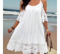 Abito midi casual da vacanza con scollo a spalle scoperte, maniche corte, in tessuto plissettato con pizzo a contrasto, scollo a ciurlo e orlo con rifiniture in pizzo 0XL,1XL,2XL,3XL,4XLBlocchi di col
