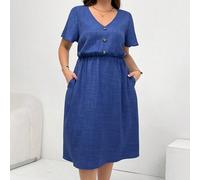 Abito midi con tasche, scollo a V, maniche corte, vita comoda e morbida, stile casual e versatile, adatto per la primavera e l'estate, ideale per insegnanti e per l'estate europea, vestito semplice 0X