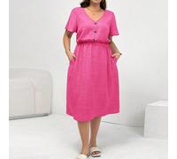 Abito midi con tasche, scollo a V, maniche corte, vita comoda e morbida, stile casual e versatile, adatto per la primavera e l'estate, ideale per insegnanti e per l'estate europea, vestito semplice 0X