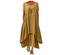 Abito midi da donna al ginocchio, casual, basic, tinta unita, in lino, a maniche lunghe, abito da spiaggia, asimmetrico, linea ad A, tinta unita, con bottone, asimmetrica, abito a tunica, giallo., XL