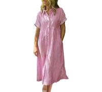 Abito midi da donna con colletto a risvolto a righe verticali, maniche corte con risvolto, abito casual fluido, per tutti i giorni, rosa, XL