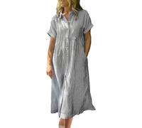 Abito midi da donna con colletto a risvolto a righe verticali, maniche corte con risvolto, abito casual fluido, per tutti i giorni, grigio, XL
