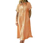 Abito midi da donna con colletto a risvolto a righe verticali, maniche corte con risvolto, abito casual fluido, per tutti i giorni, Arancione, M