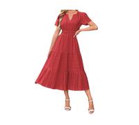 Abito midi da donna con scollo a V, a maniche corte, elegante, con punto smock in vita, a più livelli, abito estivo con tasche, Rosso, XL