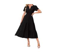 Abito midi da donna con scollo a V, a maniche corte, elegante, con punto smock in vita, a più livelli, abito estivo con tasche, Nero , M