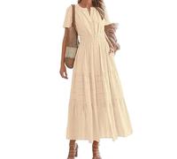 Abito midi da donna con scollo a V, a maniche corte, elegante, con punto smock in vita, a più livelli, abito estivo con tasche, Colore albicocca, M