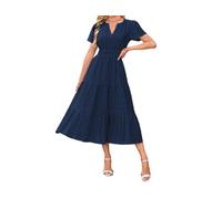 Abito midi da donna con scollo a V, a maniche corte, elegante, con punto smock in vita, a più livelli, abito estivo con tasche, blu navy, S