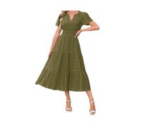 Abito midi da donna con scollo a V, a maniche corte, elegante, con punto smock in vita, a più livelli, abito estivo con tasche, Militare En8, L