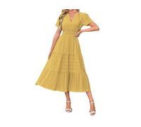 Abito midi da donna con scollo a V, a maniche corte, elegante, con punto smock in vita, a più livelli, abito estivo con tasche, Giallo, M