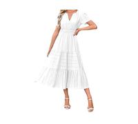 Abito midi da donna con scollo a V, a maniche corte, elegante, con punto smock in vita, a più livelli, abito estivo con tasche, bianco, L