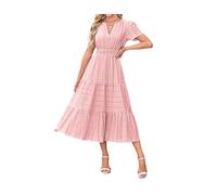 Abito midi da donna con scollo a V, a maniche corte, elegante, con punto smock in vita, a più livelli, abito estivo con tasche, Pnnrk, M