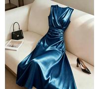 Abito midi da donna con scollo a V, vita stretta e senza maniche, con riflessi metallici, adatto per pendolarismo, vacanze, feste, appuntamenti e occasioni casual L,M,S,XLColore unicoTessuto