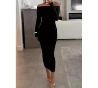 Abito midi da donna con spalle scoperte, a maniche lunghe, aderente, abito | Autunno Inverno, Elegante Atmosfera Chic, Figura Abbracciare Silhouette, Taglio Spalla Nuda, Serata Fuori, Festa Incontro