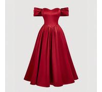 Abito midi da donna con spalle scoperte e vita annodata, bordeaux, adatto per autunno/inverno, Ognissanti, Nightmare Before Christmas, costume di Ognissanti per donna, festa, elegante. Abito in raso r