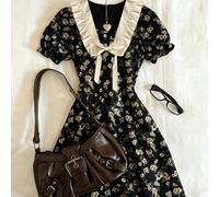 Abito midi da donna con stampa floreale ditsy, colletto Peter, scollo quadrato, maniche corte a palloncino, decorazione con fiocco, stile elegante per primavera/estate, nero L,M,S,XLPianteTessuto intr