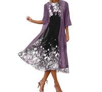 Abito midi da donna in chiffon floreale con giacca, elegante set di due pezzi, abito estivo per matrimonio con cardigan lungo, linea ad A, maniche a 3/4, casual, vacanze, feste, cocktail, Viola, L