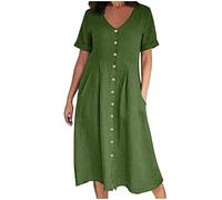 Abito midi da donna in cotone e lino, con bottoni, scollo a V, maniche a polsino, casual, estivo, con pieghe sul davanti e tasche, taglie forti S-5XL Offerte My Orders, Verde, L