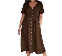 Abito midi da donna in cotone e lino, con bottoni, scollo a V, maniche a polsino, casual, estivo, con pieghe sul davanti e tasche, taglie forti S-5XL Offerte My Orders, Caff, 3XL