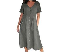 Abito midi da donna in cotone e lino, con bottoni, scollo a V, maniche a polsino, casual, estivo, con pieghe sul davanti e tasche, taglie forti S-5XL Offerte My Orders, grigio, 5XL