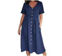 Abito midi da donna in cotone e lino, con bottoni, scollo a V, maniche a polsino, casual, estivo, con pieghe sul davanti e tasche, taglie forti S-5XL Offerte My Orders, Blu scuro, 5XL