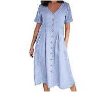 Abito midi da donna in cotone e lino, con bottoni, scollo a V, maniche a polsino, casual, estivo, con pieghe sul davanti e tasche, taglie forti S-5XL Offerte My Orders, Azzurro, 5XL
