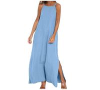 Abito midi da donna in cotone e lino, estivo, casual, senza maniche, con tasca, per vacanze, vacanze, spalline sottili, orlo a fessura per petite ladies UK I miei ordini saldi liquidazione, Blu, S