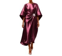 Abito midi da donna in raso a mezza manica moderno alla moda con maniche a pipistrello increspato con spilla di cristallo staccabile elegante abito casual in seta per matrimoni, cocktail, feste