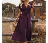 Abito midi da donna in stile boemo occidentale, casual, con vita arricciata, vita stretta, schiena incrociata e attorcigliata, spalle scese, maniche a campana, per la primavera/estate L,M,S,XL,XXLColo