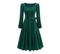 Abito midi da donna in velluto vintage con scollo quadrato e cintura elegante in tessuto vellutato Swing Fit & Flare abito invernale primavera autunno cocktail party abiti, Verde, M