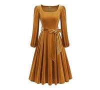 Abito midi da donna in velluto vintage con scollo quadrato e cintura elegante in tessuto vellutato Swing Fit & Flare abito invernale primavera autunno cocktail party abiti, Giallo, XXL
