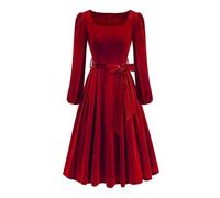 Abito midi da donna in velluto vintage con scollo quadrato e cintura elegante in tessuto vellutato Swing Fit & Flare abito invernale primavera autunno cocktail party abiti, Rosso, L
