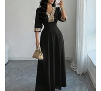 Abito midi da donna nero e oro con scollo a V, maniche a palloncino, decorazioni in perle, elegante per autunno, matrimonio, cena, madre della sposa, aderente, ricamato, per feste e gala L,M,S,XSPiant