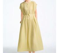 Abito midi donna, elegante francese, minimalista di alta classe, adatto per pendolarismo/ufficio/casual/vacanze/ pomeriggio al tè, realizzato in tessuto simile al lino, con colletto alto, maniche a ra