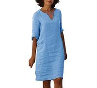 Abito Midi Donna in Stile Lino con Scollo a V e Maniche a Tre Quarti, Vestito Dritto Comodo e Fresco, Ideale per L'Estate, Passeggiate e Tempo Libero, Disponibile in Diverse tonalità